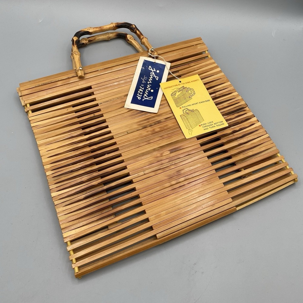 Vintage JOHN WIND Folding Basket Handbag Purse Bamboo Taiwan Boho Folds Flat - Picture 2 of 12